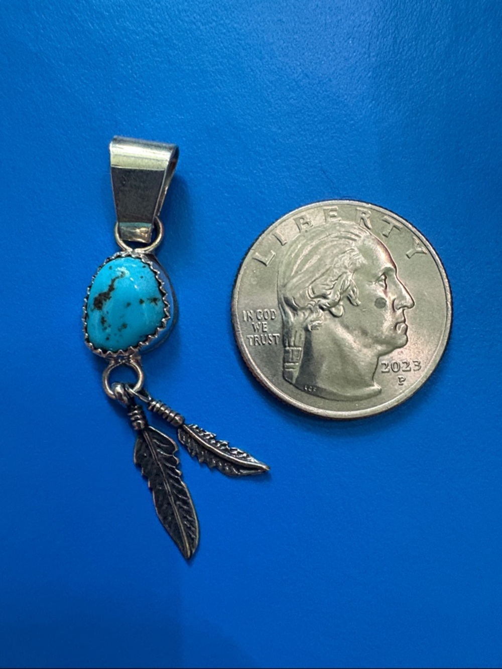 Navajo A. Johnson Made Sterling Silver & Turquoise Feather Pendant - Picture 4 of 5